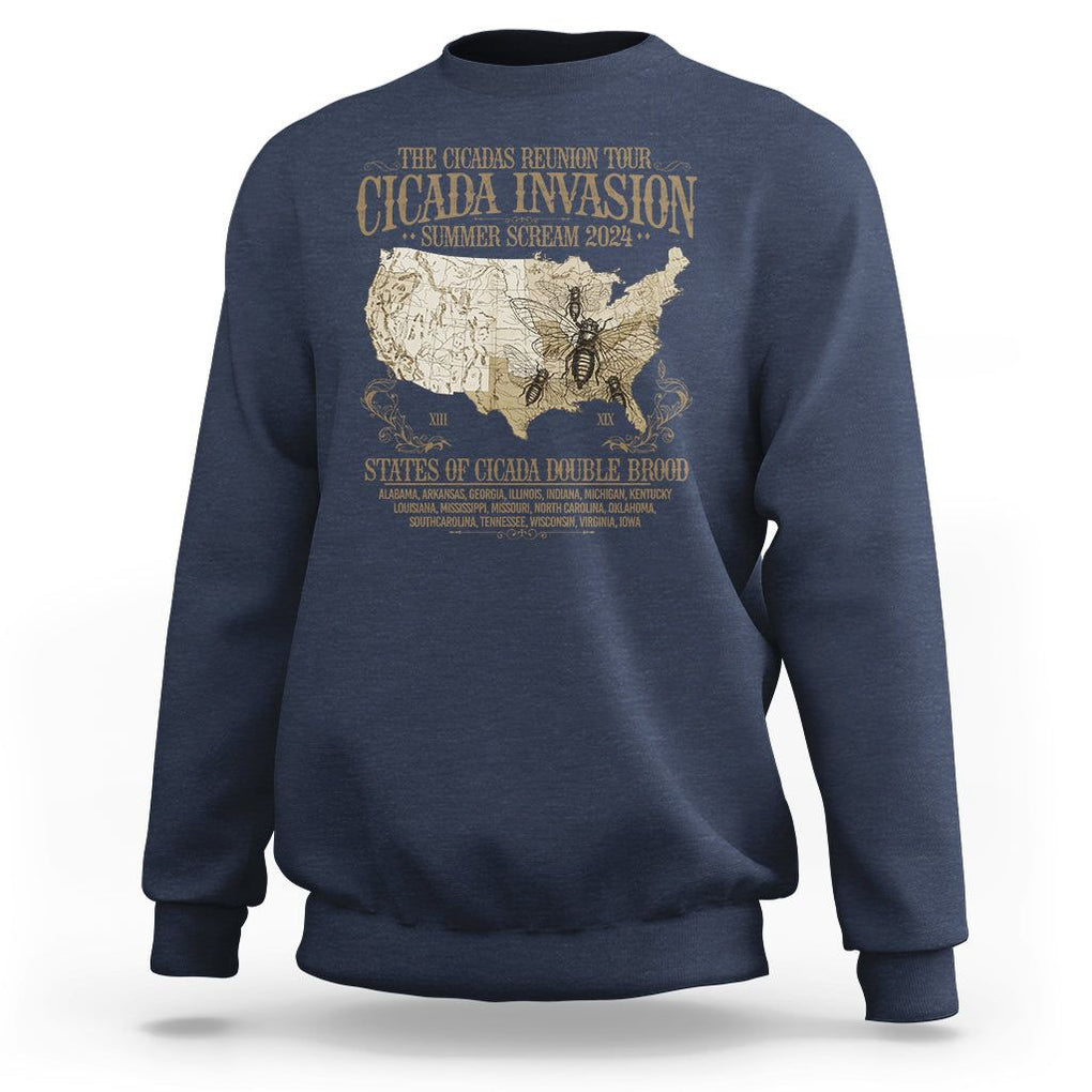 The Cicada Reunion U.S Tour 2024 Sweatshirt States Of Cicada Double Brood XIII & XIX American Map TS09 Navy Print Your Wear