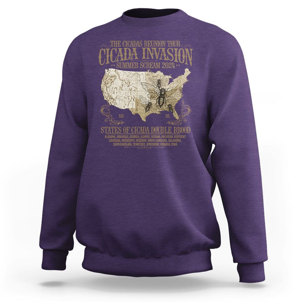 The Cicada Reunion U.S Tour 2024 Sweatshirt States Of Cicada Double Brood XIII & XIX American Map TS09 Purple Print Your Wear