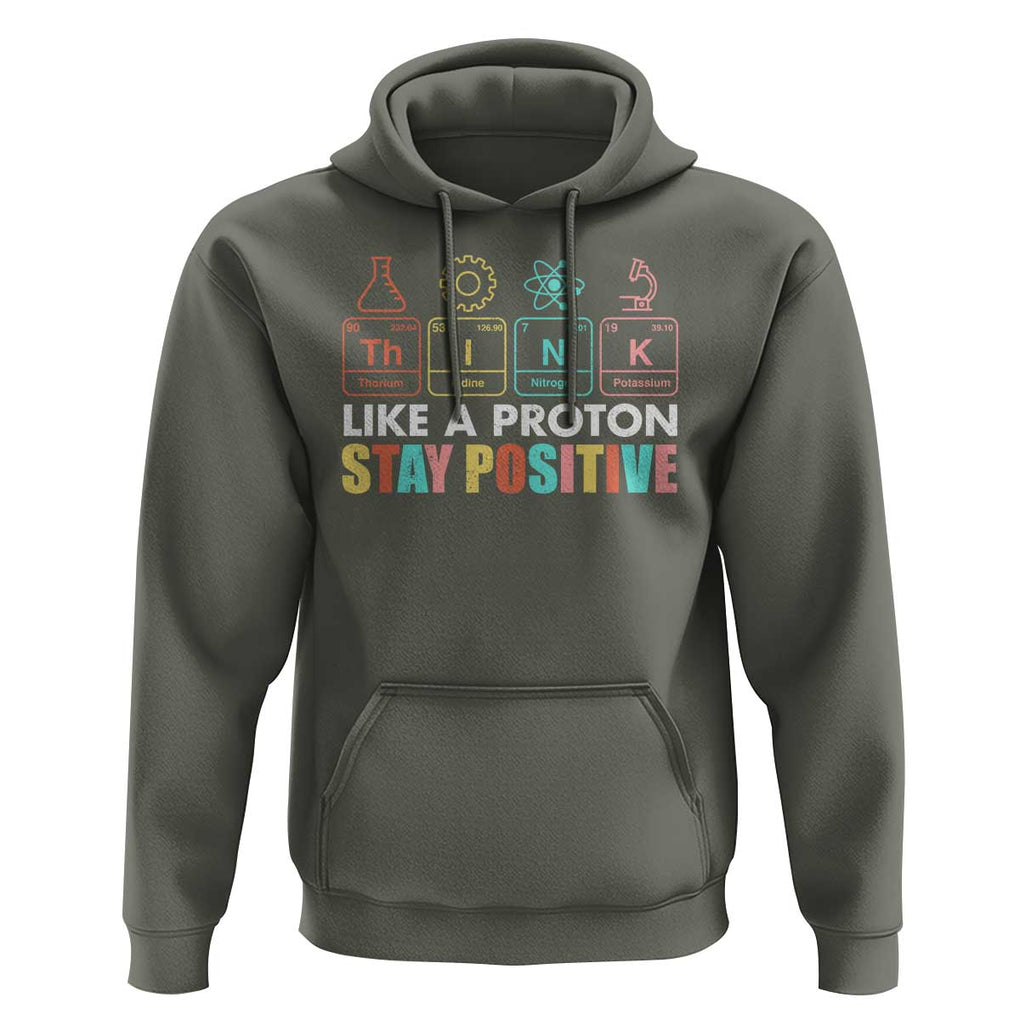 Funny Science Hoodie Think Like A Proton Stay Positive Retro TS09 Military Green Print Your Wear