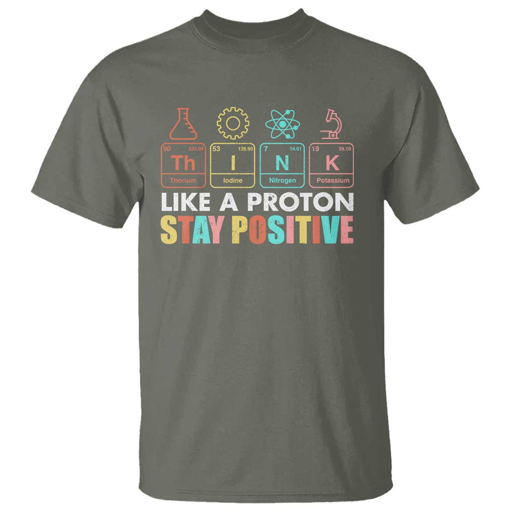 Funny Science T Shirt Think Like A Proton Stay Positive Retro TS09 Military Green Print Your Wear