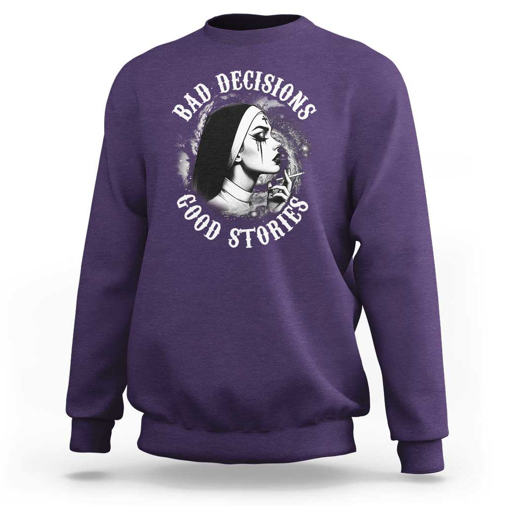Unholy Nun Sweatshirt Bad Decisions Good Stories Dirty Nun Smoking TS09 Purple Print Your Wear
