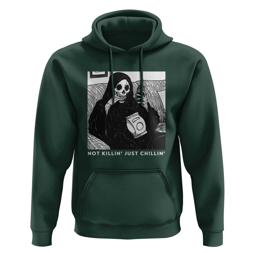 Funny Grim Reaper Hoodie Not Killing Just Chilling Halloween TS09 Dark Forest Green Print Your Wear