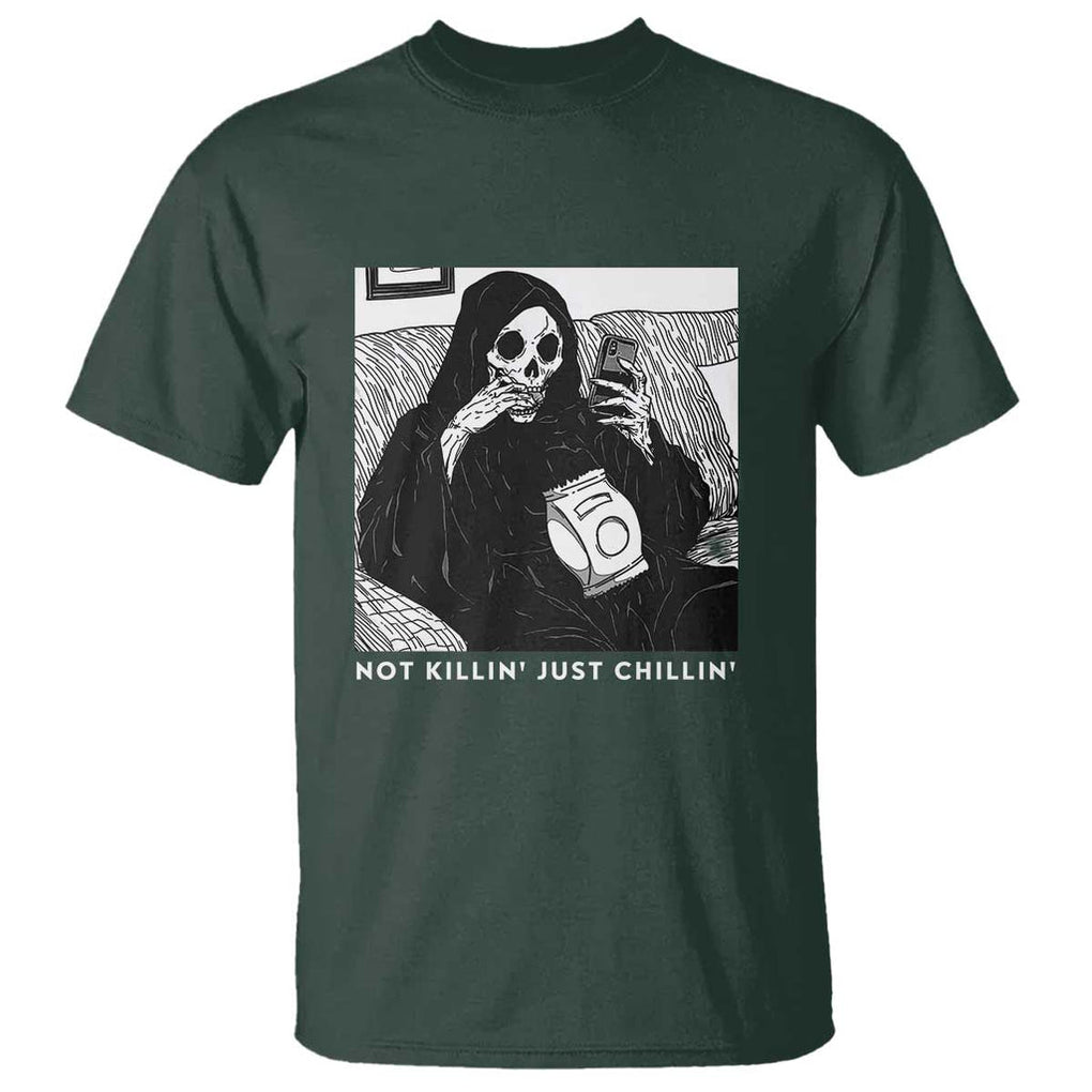 Funny Grim Reaper T Shirt Not Killing Just Chilling Halloween TS09 Dark Forest Green Print Your Wear