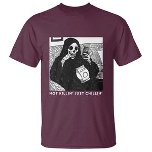 Funny Grim Reaper T Shirt Not Killing Just Chilling Halloween TS09 Maroon Print Your Wear