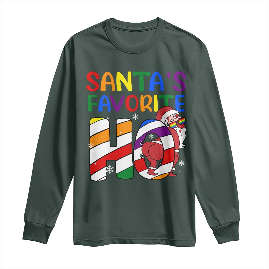 Funny Christmas LGBT Long Sleeve Shirt Santas Favorite Ho Rainbow TS09 Dark Forest Green Print Your Wear