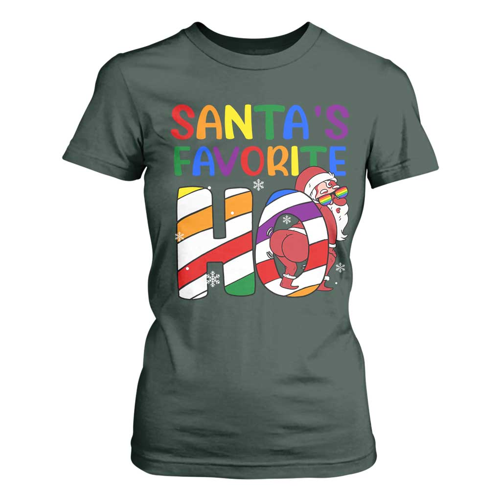 Funny Christmas LGBT T Shirt For Women Santas Favorite Ho Rainbow TS09 Dark Forest Green Print Your Wear