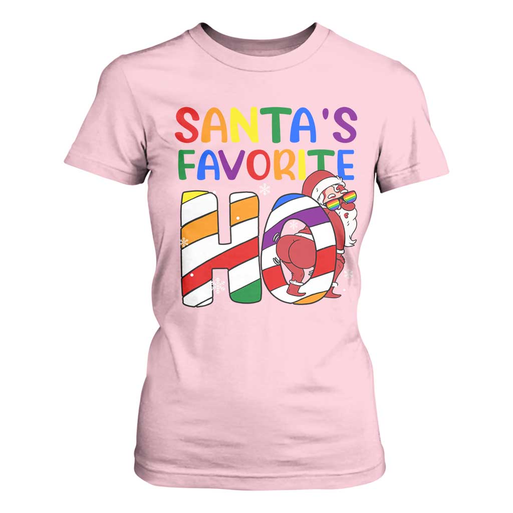 Funny Christmas LGBT T Shirt For Women Santas Favorite Ho Rainbow TS09 Light Pink Print Your Wear