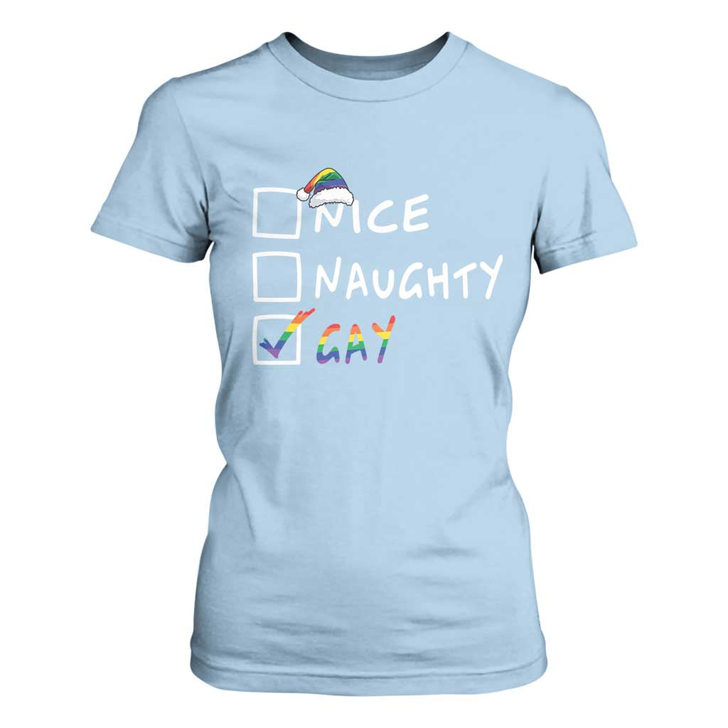 Funny Christmas LGBT T Shirt For Women Naughty Nice Gay TS09 Light Blue Print Your Wear