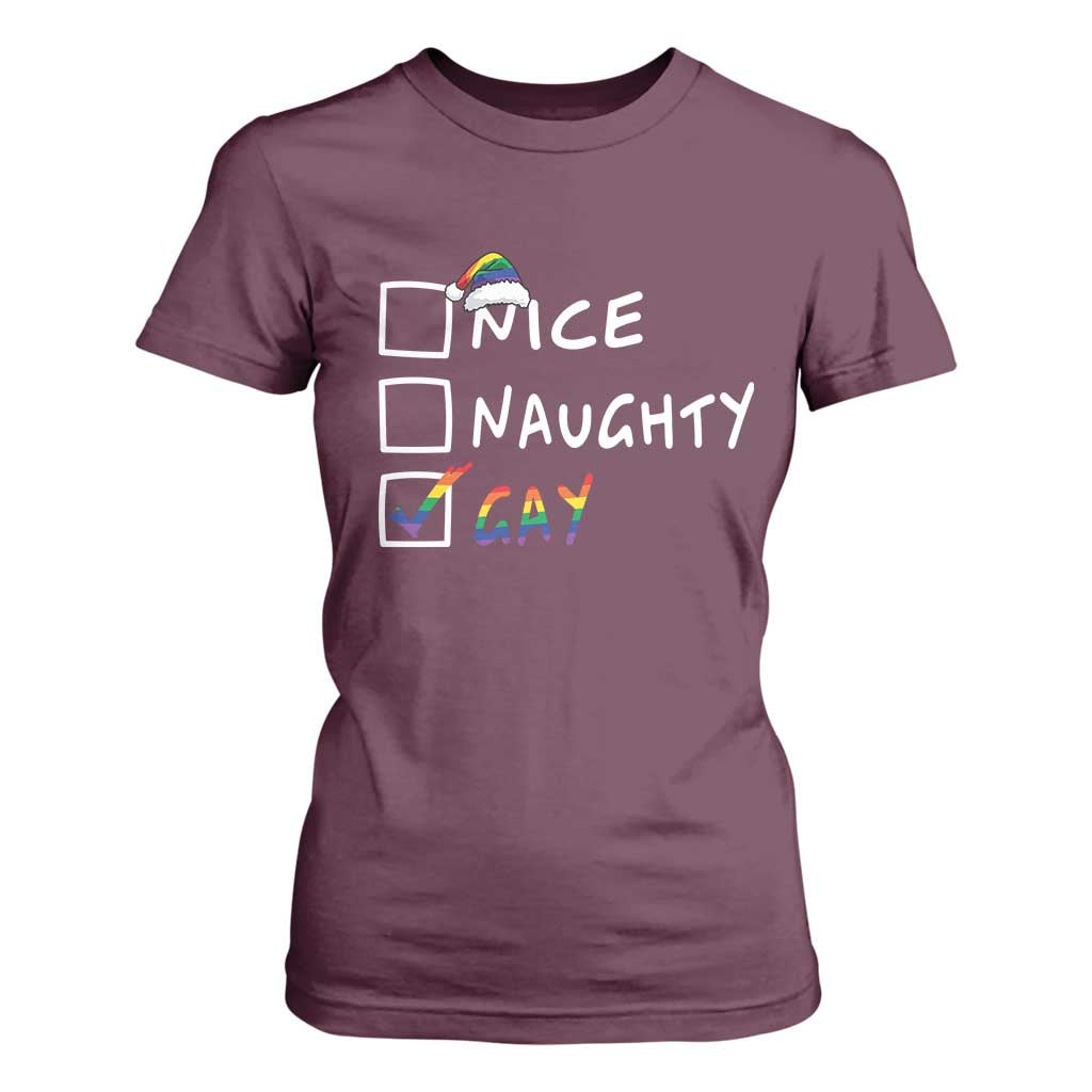 Funny Christmas LGBT T Shirt For Women Naughty Nice Gay TS09 Maroon Print Your Wear