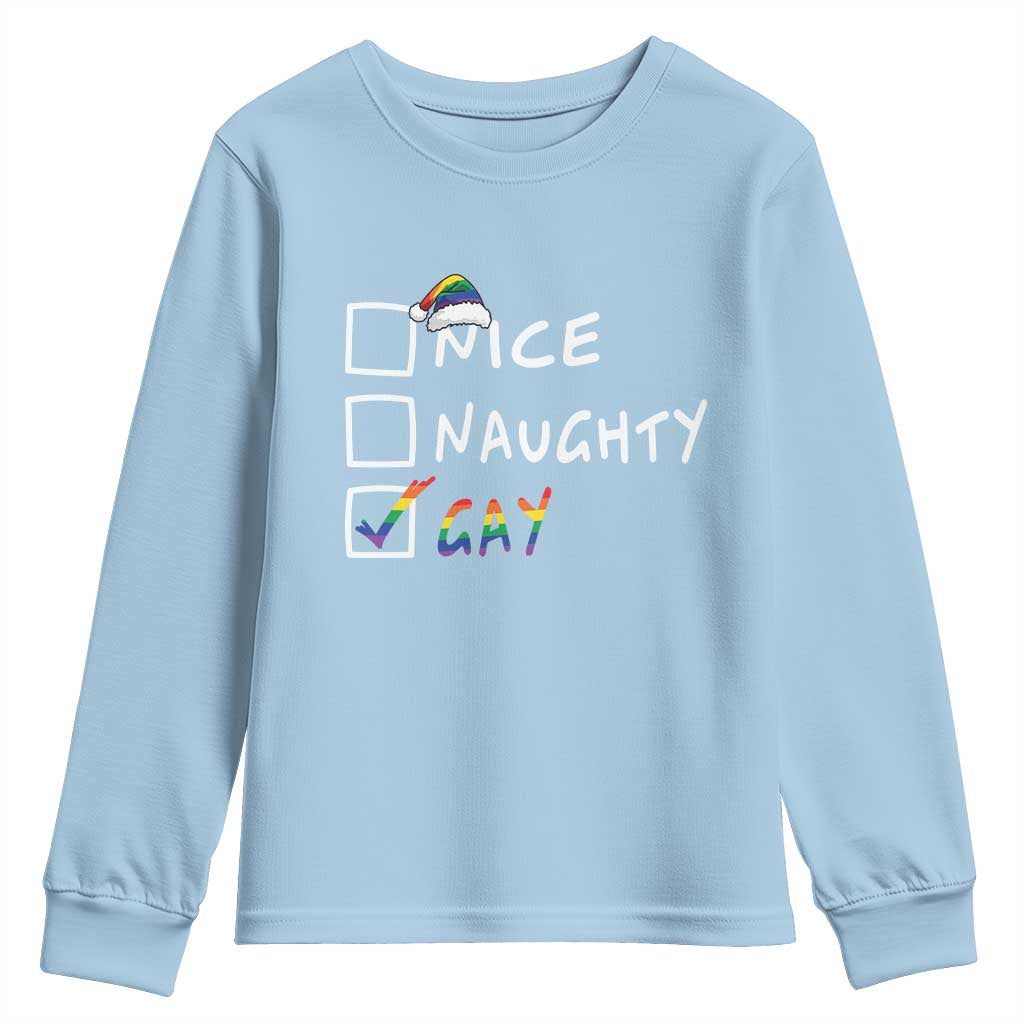Funny Christmas LGBT Youth Sweatshirt Naughty Nice Gay TS09 Light Blue Print Your Wear