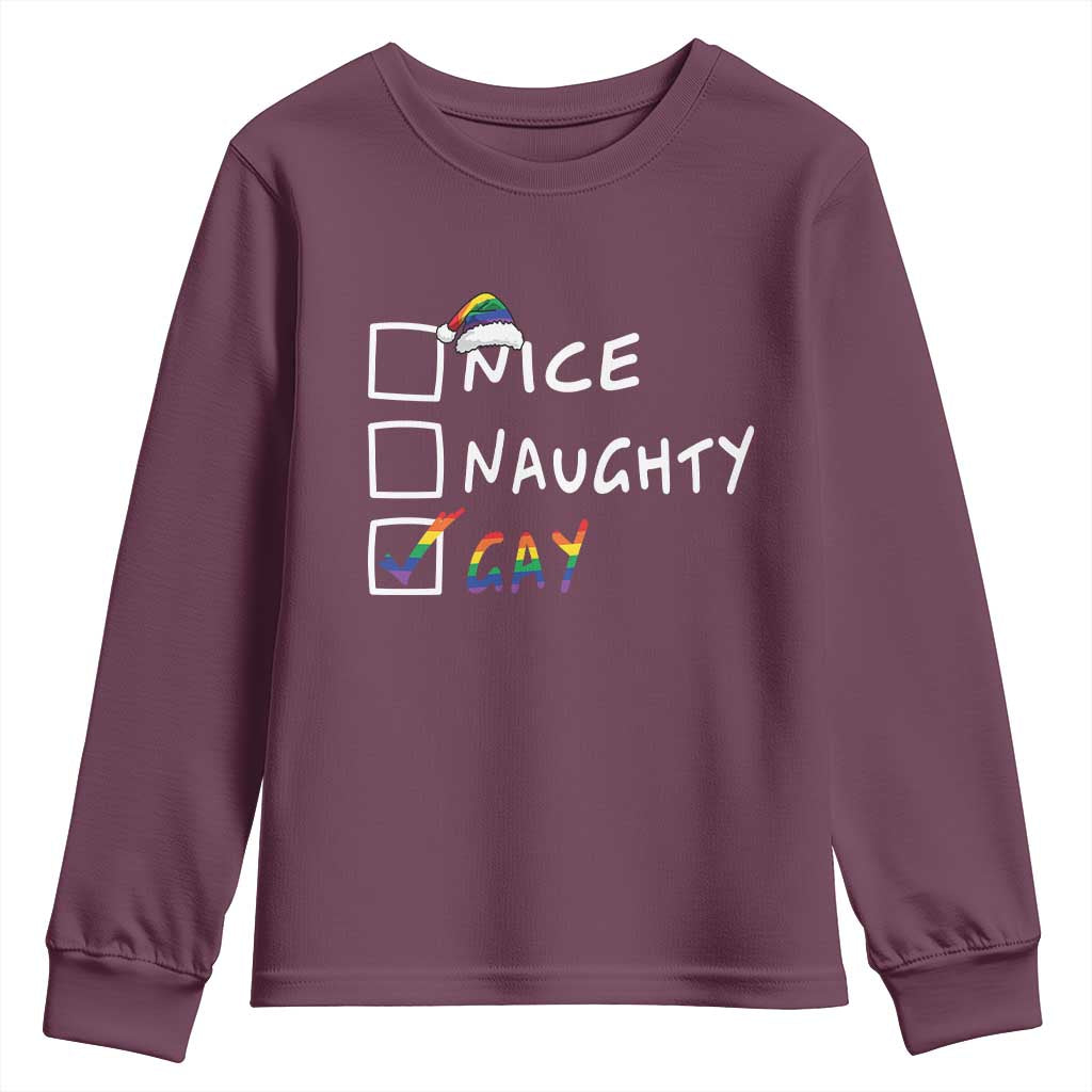 Funny Christmas LGBT Youth Sweatshirt Naughty Nice Gay TS09 Maroon Print Your Wear