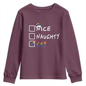 Funny Christmas LGBT Youth Sweatshirt Naughty Nice Gay TS09 Maroon Print Your Wear