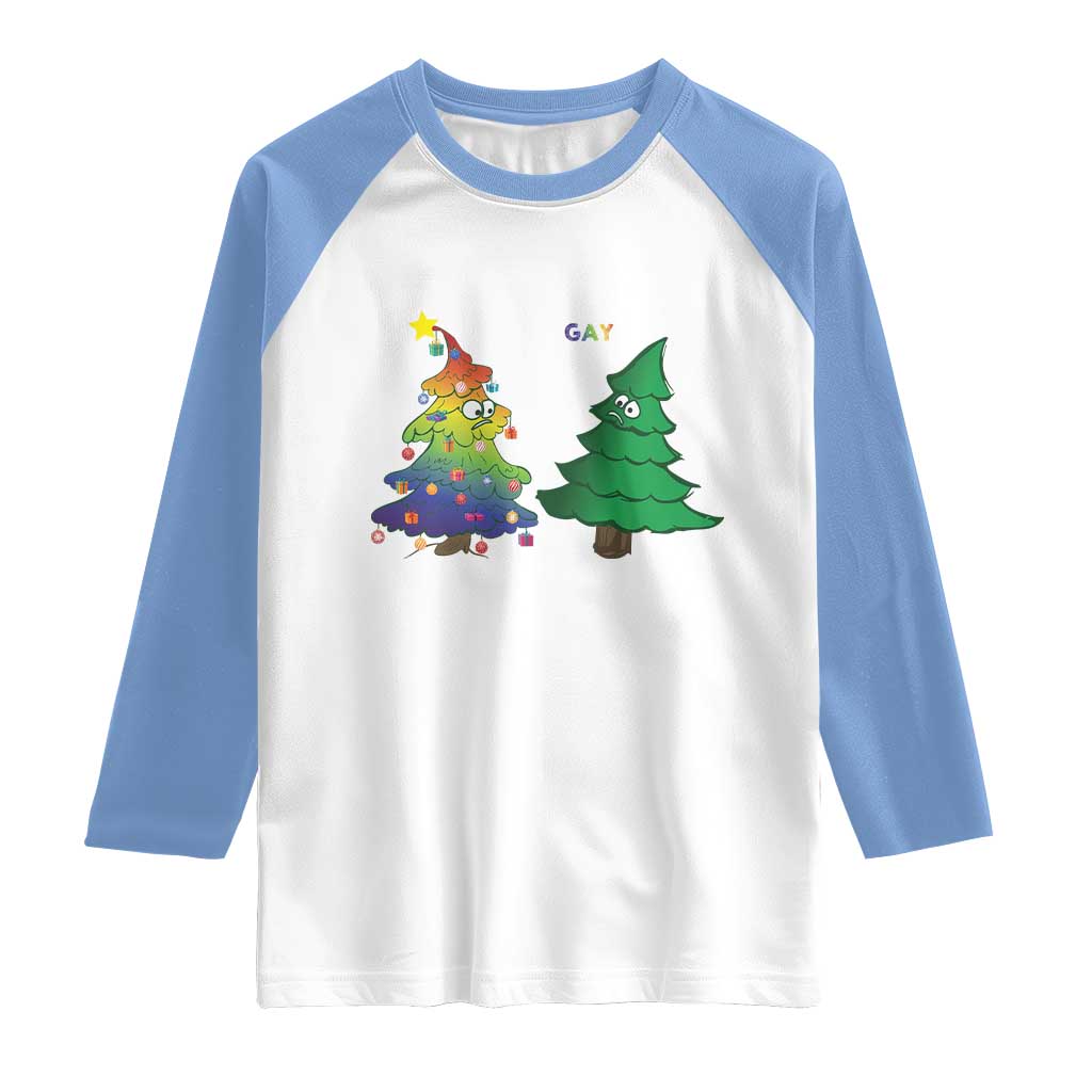 Funny Gay Christmas Raglan Shirt Rainbow Christmas Tree LGBT TS09 White Carolina Blue Print Your Wear