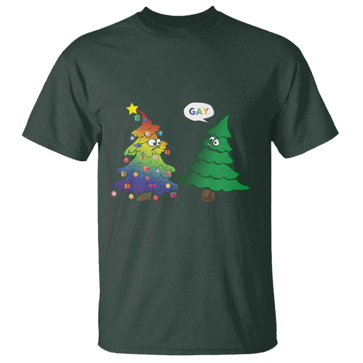 Funny Gay Christmas T Shirt Rainbow Christmas Tree LGBT TS09 Dark Forest Green Print Your Wear