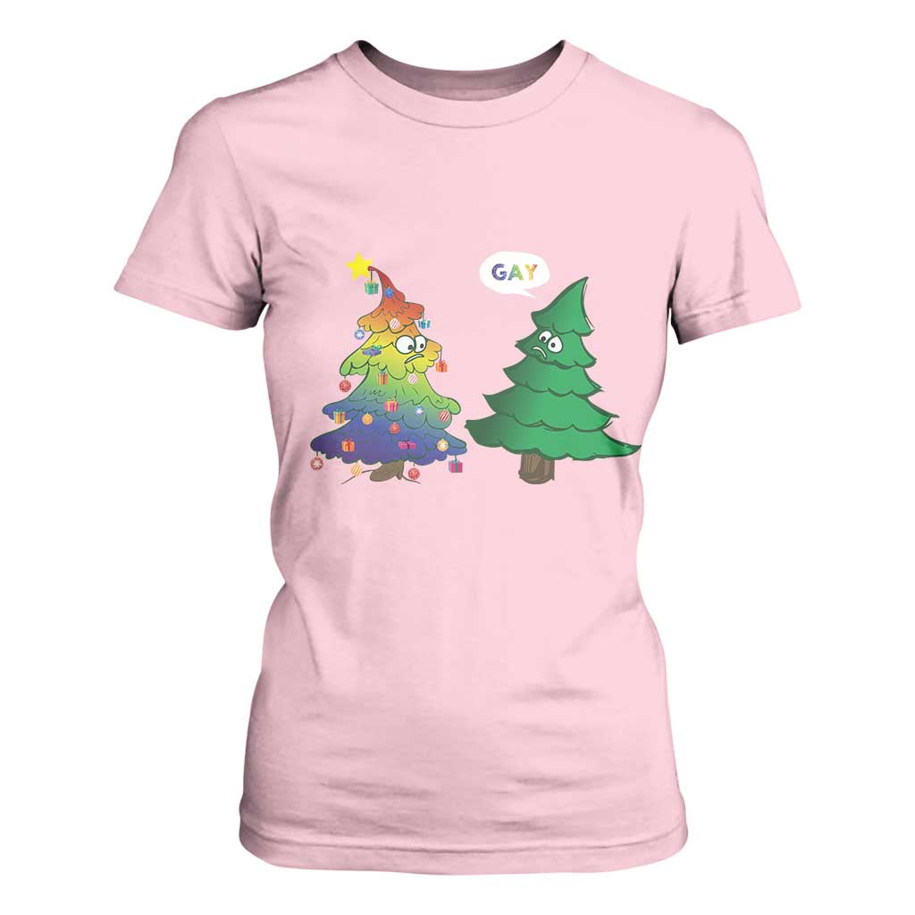 Funny Gay Christmas T Shirt For Women Rainbow Christmas Tree LGBT TS09 Light Pink Print Your Wear