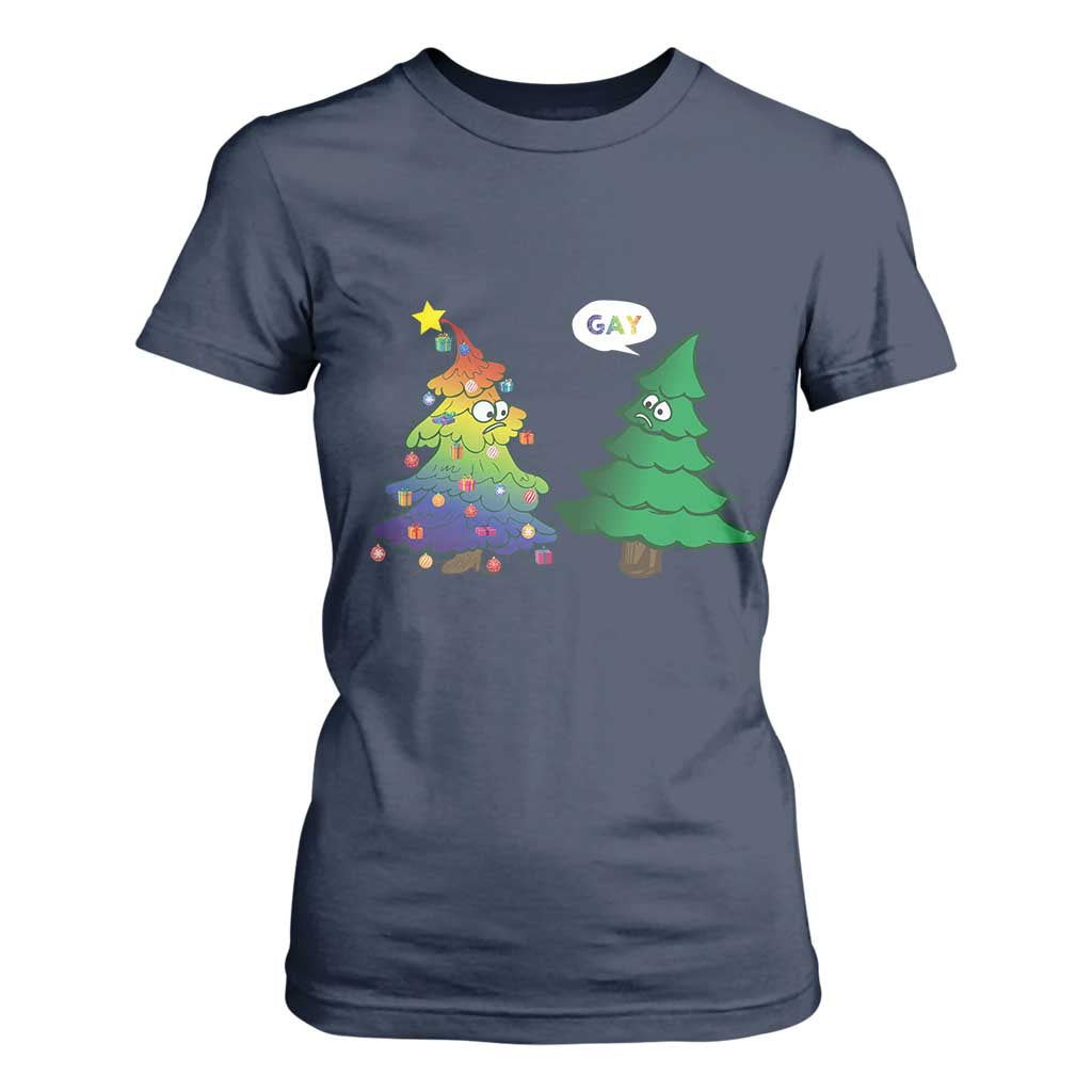 Funny Gay Christmas T Shirt For Women Rainbow Christmas Tree LGBT TS09 Navy Print Your Wear