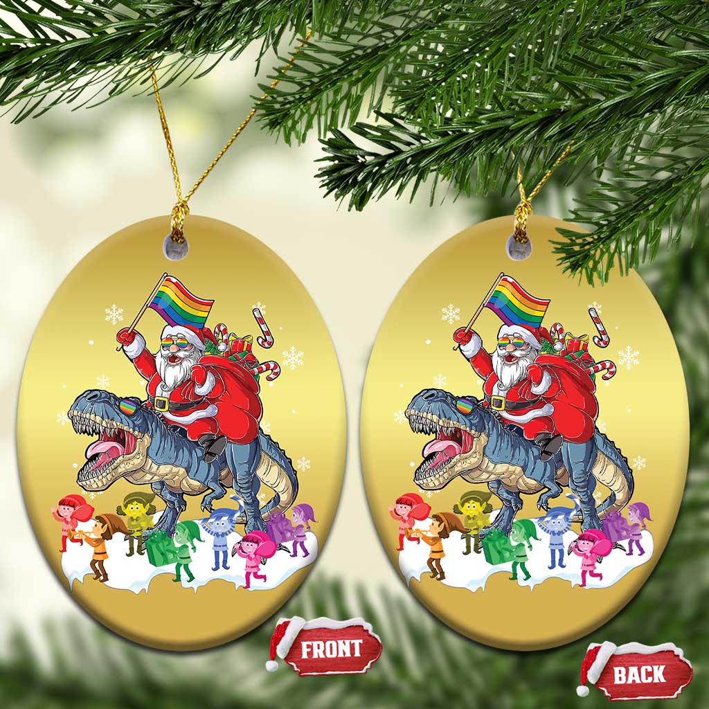 Funny Xmas LGBT Christmas Ornament Rainbow Flag Santa Riding Dinosaur TS09 Oval Gold Print Your Wear