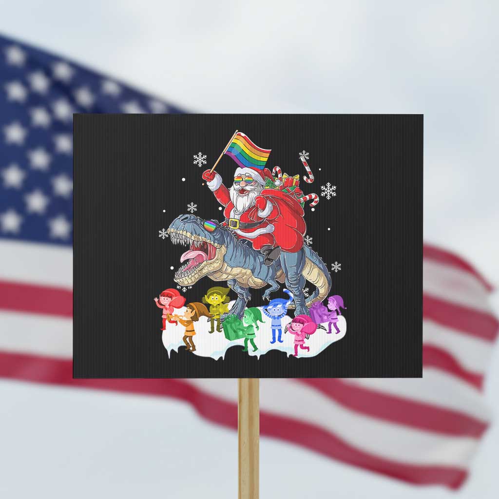 Funny Christmas LGBT Protest Sign Rainbow Flag Santa Riding Dinosaur TS09 Horizontal 18" × 24" Black Print Your Wear