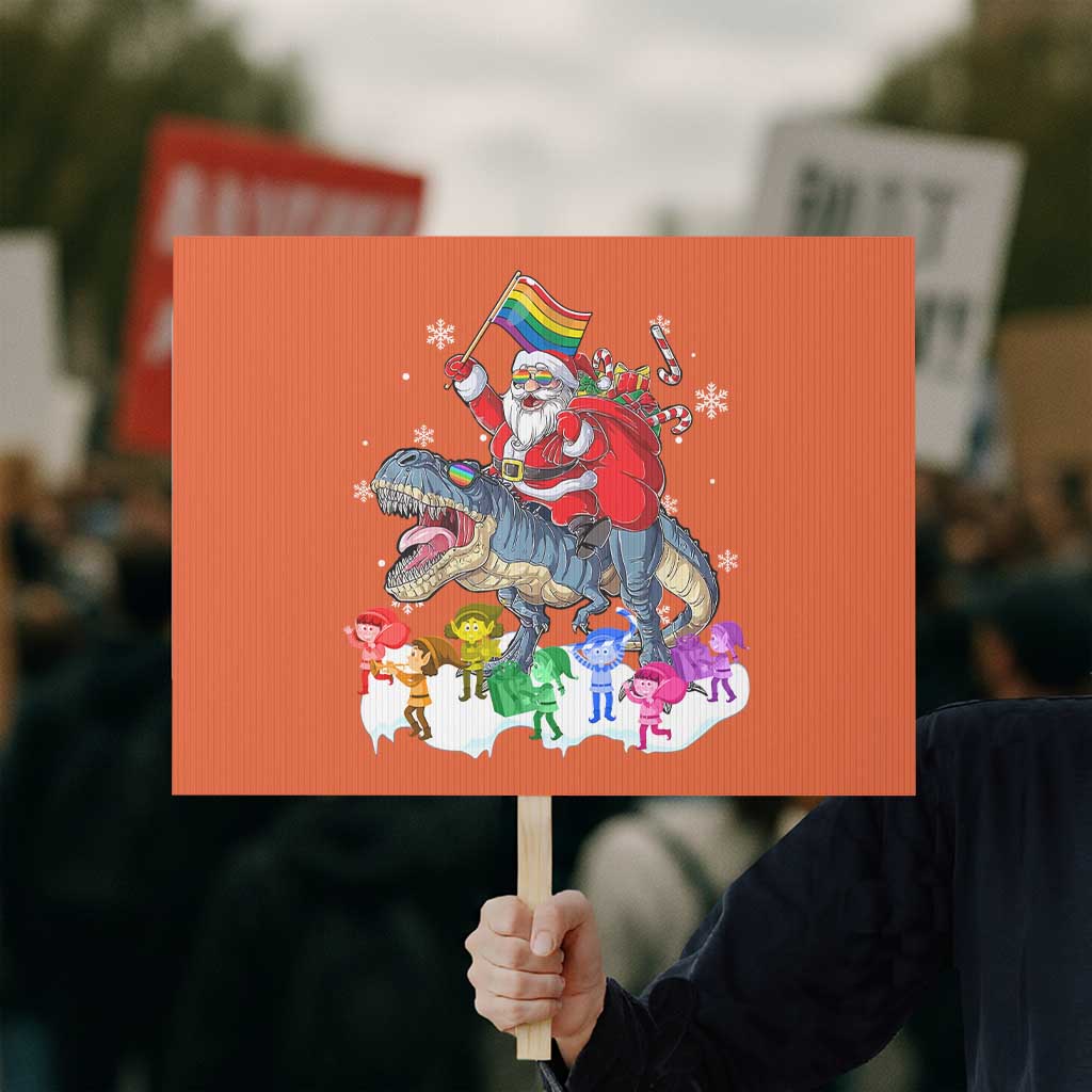 Funny Christmas LGBT Protest Sign Rainbow Flag Santa Riding Dinosaur TS09 Horizontal 18" × 24" Orange Print Your Wear