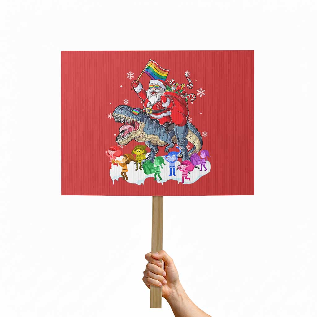Funny Christmas LGBT Protest Sign Rainbow Flag Santa Riding Dinosaur TS09 Horizontal 18" × 24" Red Print Your Wear
