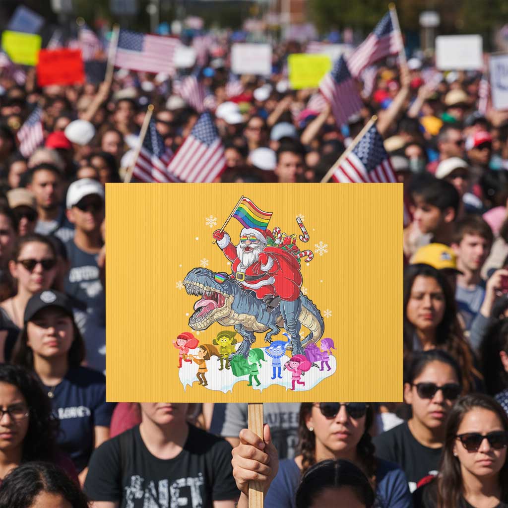 Funny Christmas LGBT Protest Sign Rainbow Flag Santa Riding Dinosaur TS09 Horizontal 18" × 24" Yellow Print Your Wear