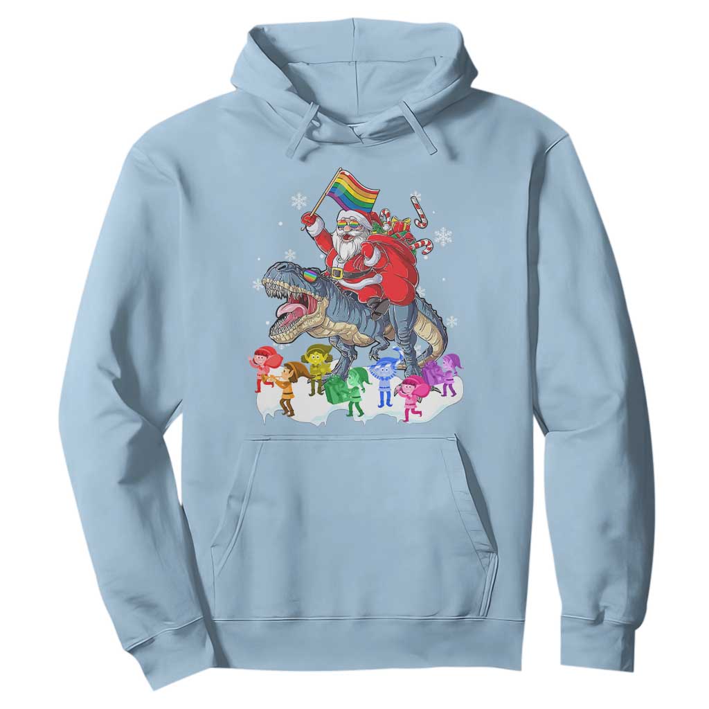 Funny Christmas LGBT Hoodie Rainbow Flag Santa Riding Dinosaur TS09 Light Blue Print Your Wear