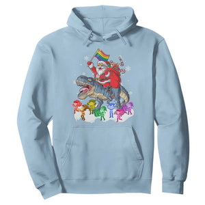 Funny Christmas LGBT Hoodie Rainbow Flag Santa Riding Dinosaur TS09 Light Blue Print Your Wear