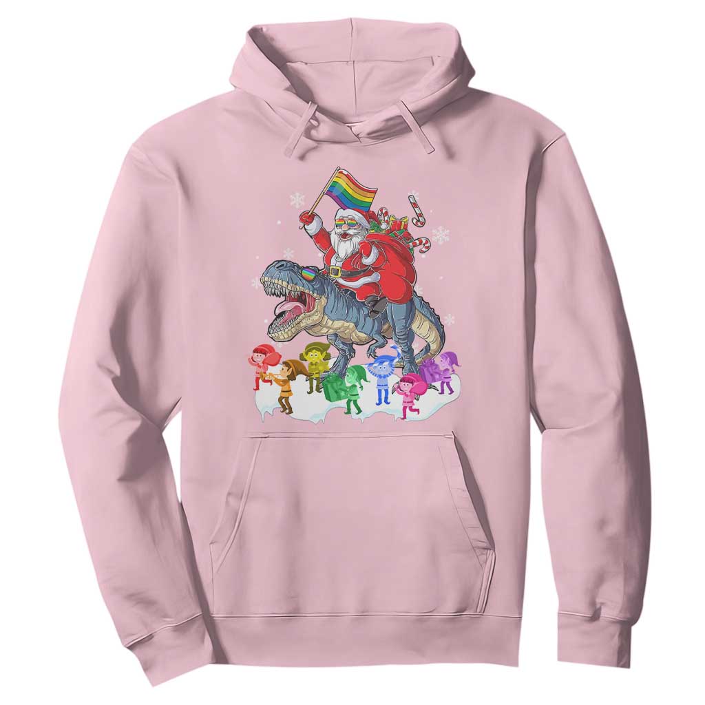 Funny Christmas LGBT Hoodie Rainbow Flag Santa Riding Dinosaur TS09 Light Pink Print Your Wear