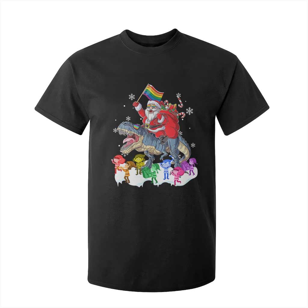 Funny Christmas LGBT T Shirt For Kid Rainbow Flag Santa Riding Dinosaur TS09 Black Print Your Wear