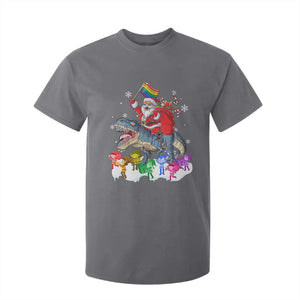 Funny Christmas LGBT T Shirt For Kid Rainbow Flag Santa Riding Dinosaur TS09 Charcoal Print Your Wear