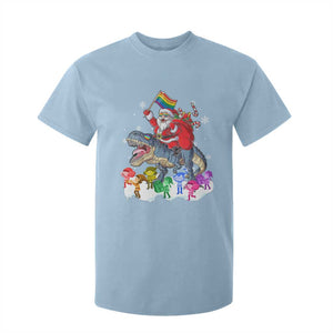 Funny Christmas LGBT T Shirt For Kid Rainbow Flag Santa Riding Dinosaur TS09 Light Blue Print Your Wear