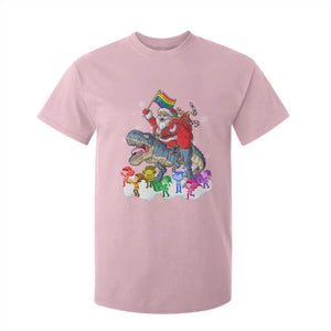 Funny Christmas LGBT T Shirt For Kid Rainbow Flag Santa Riding Dinosaur TS09 Light Pink Print Your Wear