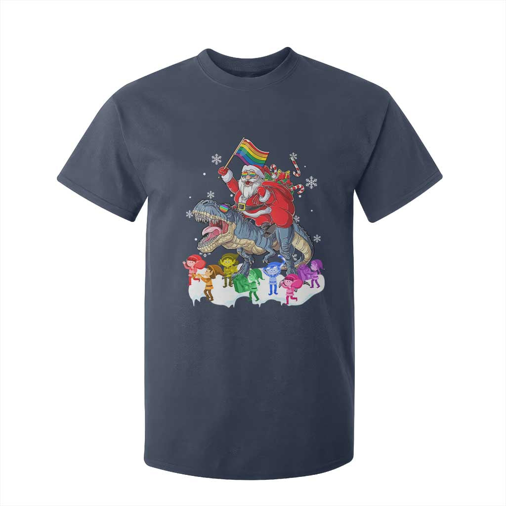 Funny Christmas LGBT T Shirt For Kid Rainbow Flag Santa Riding Dinosaur TS09 Navy Print Your Wear