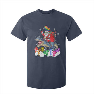 Funny Christmas LGBT T Shirt For Kid Rainbow Flag Santa Riding Dinosaur TS09 Navy Print Your Wear