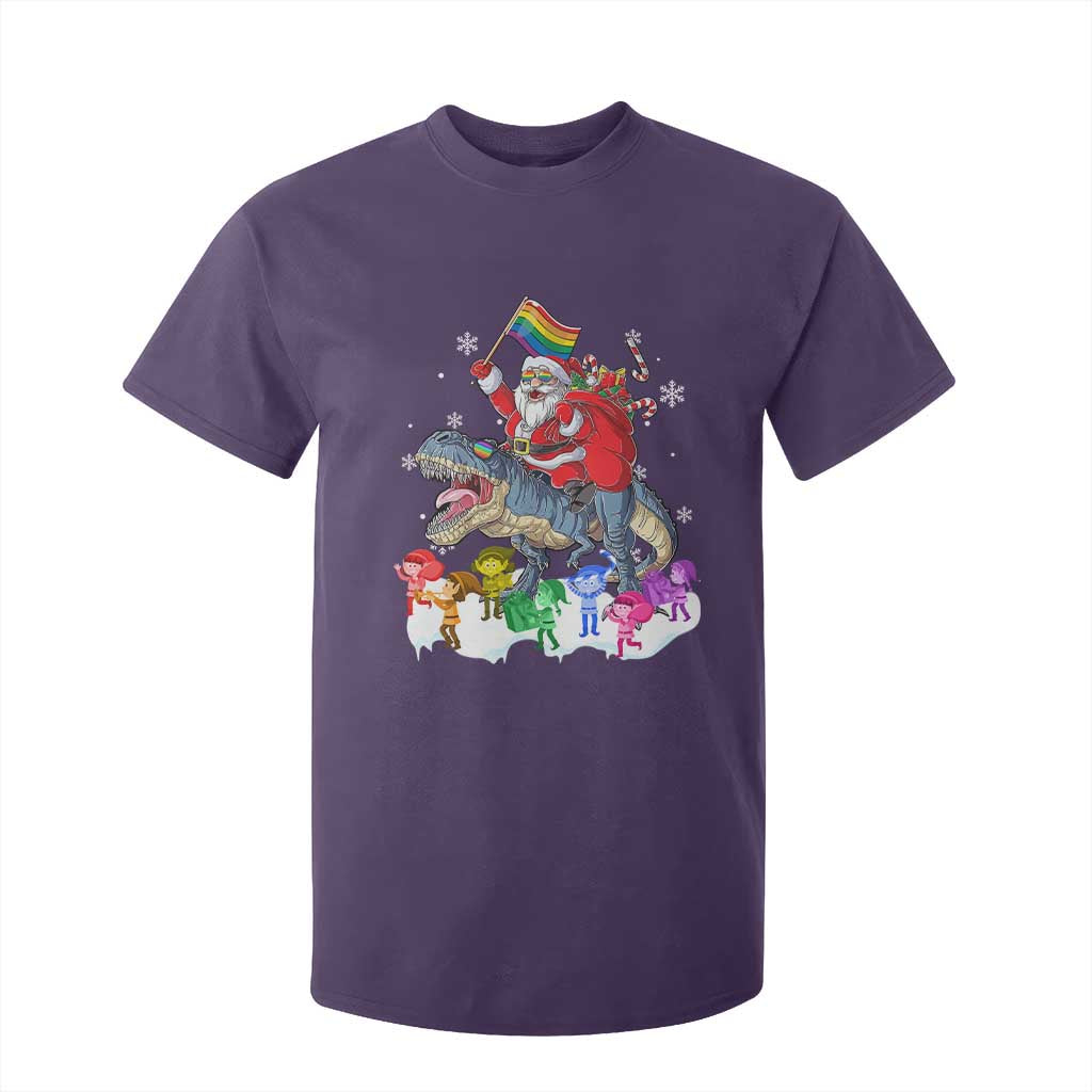Funny Christmas LGBT T Shirt For Kid Rainbow Flag Santa Riding Dinosaur TS09 Purple Print Your Wear