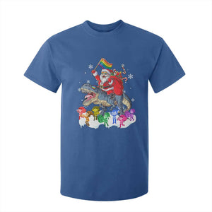 Funny Christmas LGBT T Shirt For Kid Rainbow Flag Santa Riding Dinosaur TS09 Royal Blue Print Your Wear