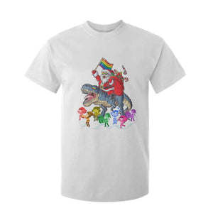 Funny Christmas LGBT T Shirt For Kid Rainbow Flag Santa Riding Dinosaur TS09 White Print Your Wear