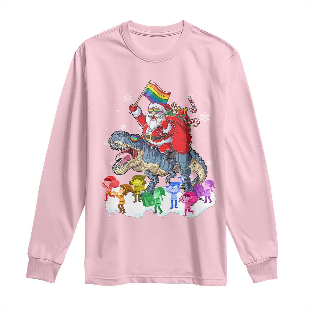 Funny Christmas LGBT Long Sleeve Shirt Rainbow Flag Santa Riding Dinosaur TS09 Light Pink Print Your Wear
