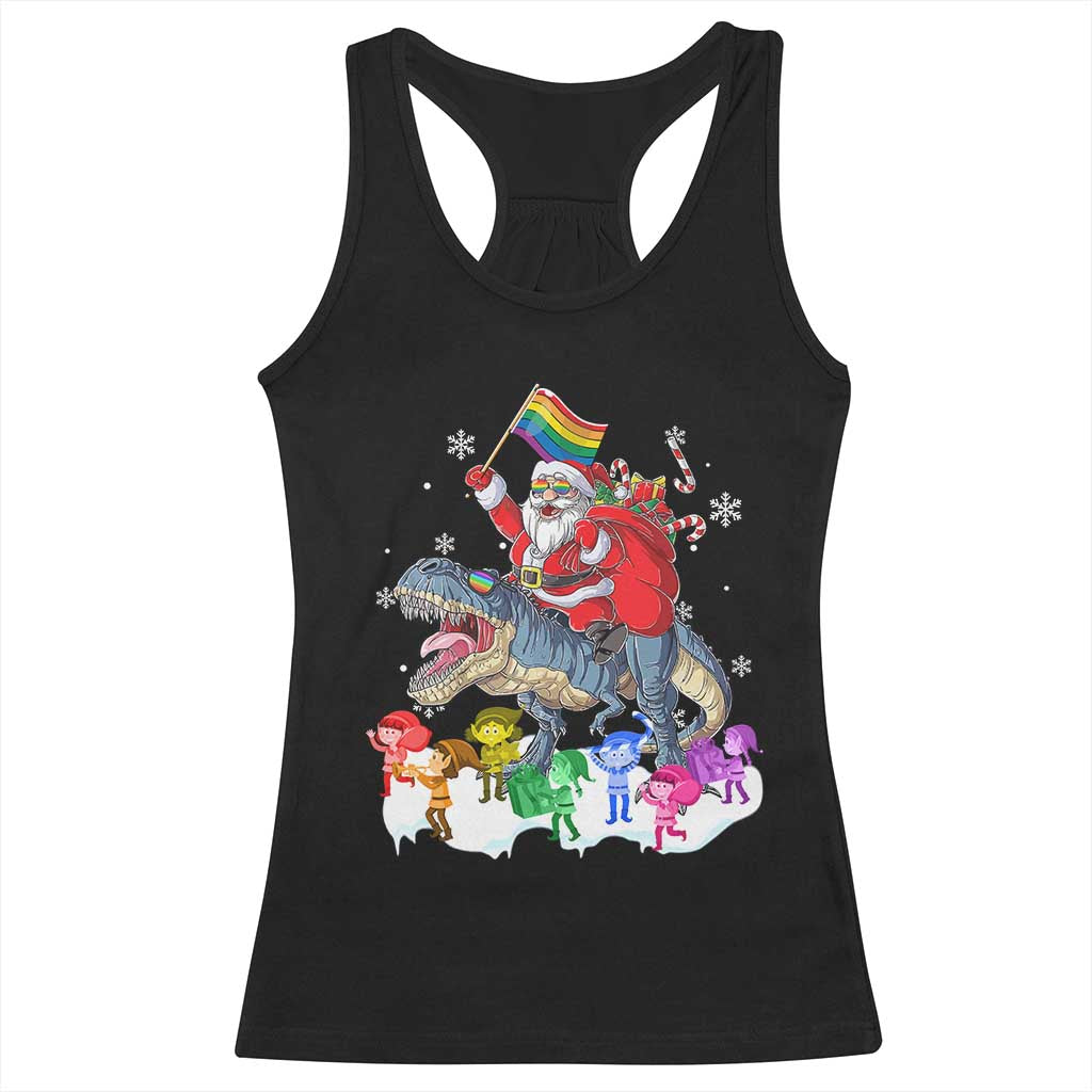 Funny Christmas LGBT Racerback Tank Top Rainbow Flag Santa Riding Dinosaur TS09 Black Print Your Wear