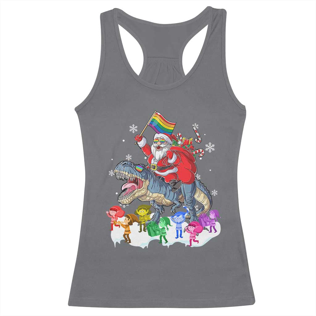 Funny Christmas LGBT Racerback Tank Top Rainbow Flag Santa Riding Dinosaur TS09 Charcoal Print Your Wear