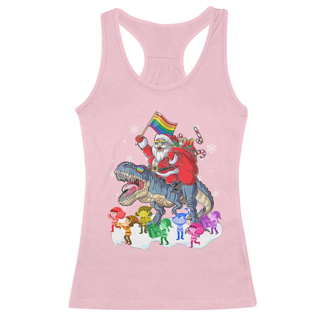Funny Christmas LGBT Racerback Tank Top Rainbow Flag Santa Riding Dinosaur TS09 Light Pink Print Your Wear