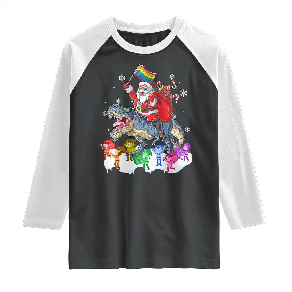 Funny Christmas LGBT Raglan Shirt Rainbow Flag Santa Riding Dinosaur TS09 Black White Print Your Wear