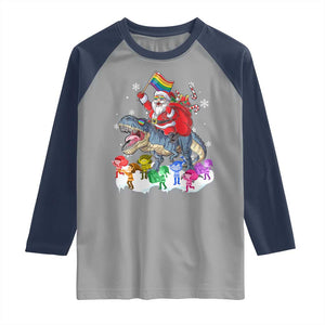 Funny Christmas LGBT Raglan Shirt Rainbow Flag Santa Riding Dinosaur TS09 Sport Gray Navy Print Your Wear