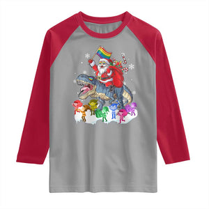 Funny Christmas LGBT Raglan Shirt Rainbow Flag Santa Riding Dinosaur TS09 Sport Gray Red Print Your Wear