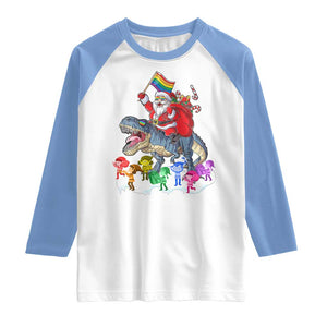 Funny Christmas LGBT Raglan Shirt Rainbow Flag Santa Riding Dinosaur TS09 White Carolina Blue Print Your Wear