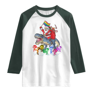 Funny Christmas LGBT Raglan Shirt Rainbow Flag Santa Riding Dinosaur TS09 White Dark Forest Green Print Your Wear