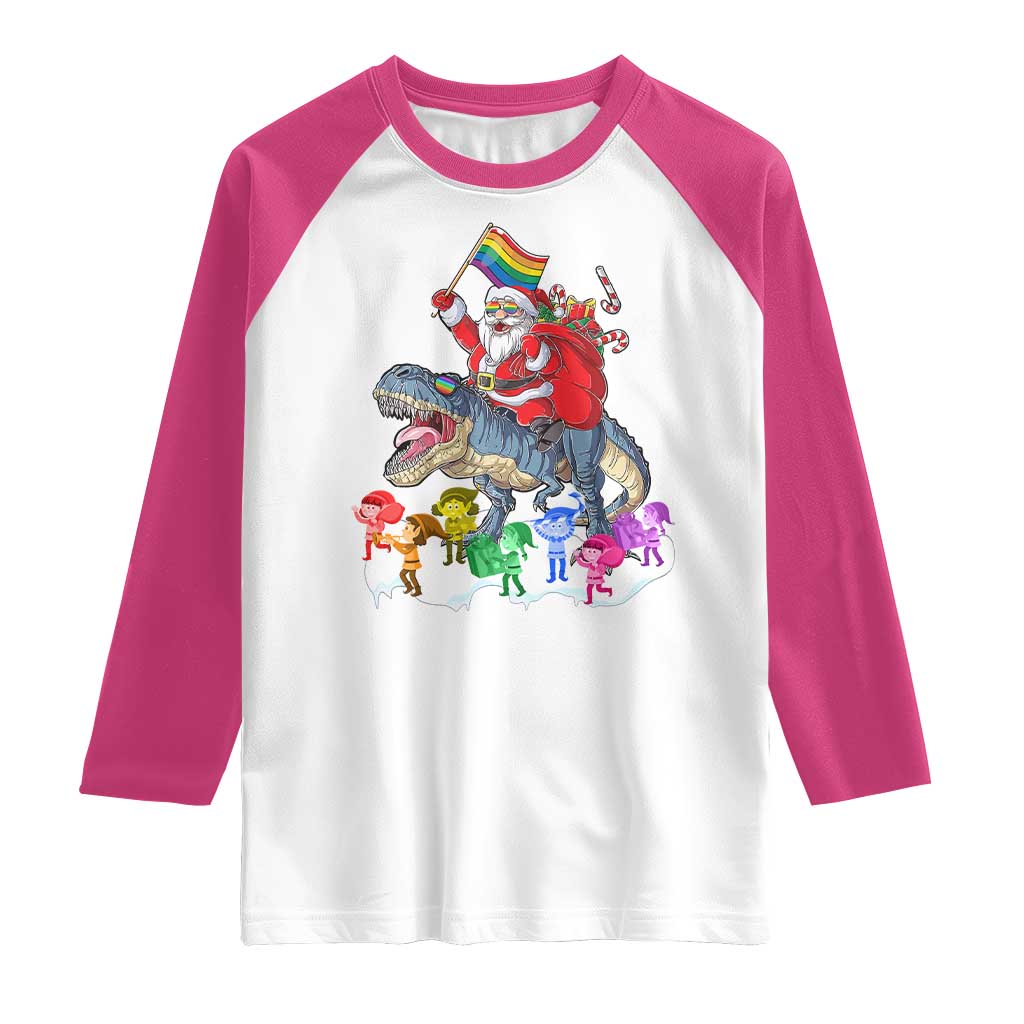 Funny Christmas LGBT Raglan Shirt Rainbow Flag Santa Riding Dinosaur TS09 White Heliconia Print Your Wear