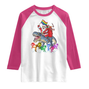 Funny Christmas LGBT Raglan Shirt Rainbow Flag Santa Riding Dinosaur TS09 White Heliconia Print Your Wear