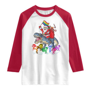 Funny Christmas LGBT Raglan Shirt Rainbow Flag Santa Riding Dinosaur TS09 White Red Print Your Wear