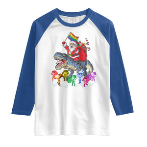 Funny Christmas LGBT Raglan Shirt Rainbow Flag Santa Riding Dinosaur TS09 White Royal Print Your Wear